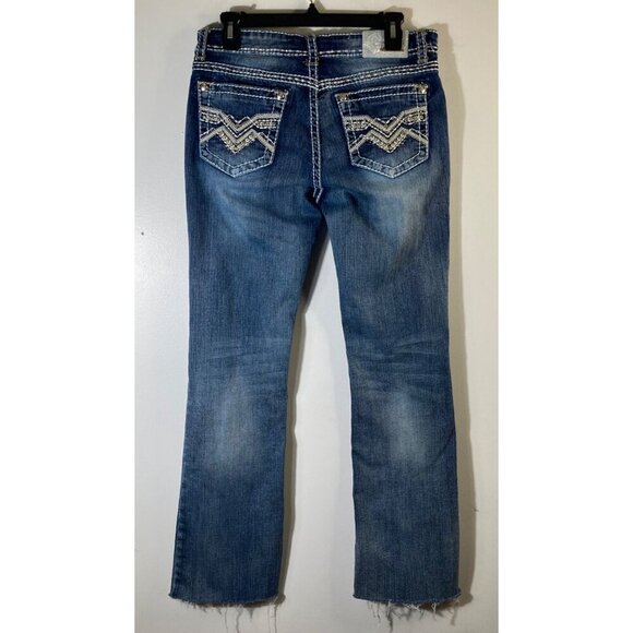 Womens Grace in LA Easy Fit Boot Cut Embellished Jeans Raw Hem Blue 29 - Picture 2 of 9